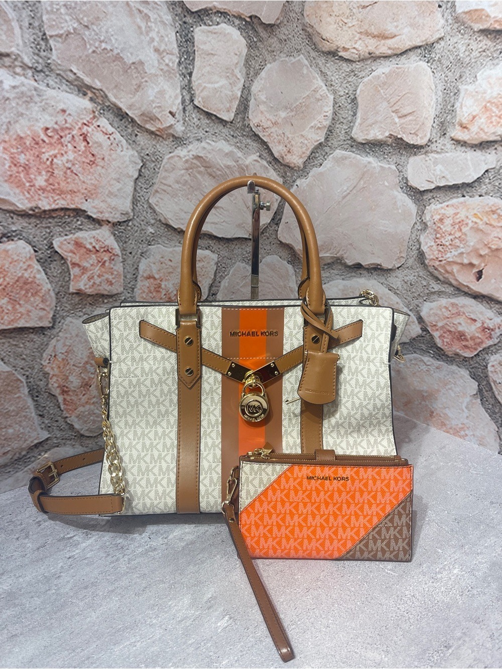 Michael Kors Nouveau Hamilton Center Stripe Satchel & Matching Wallet Clementine